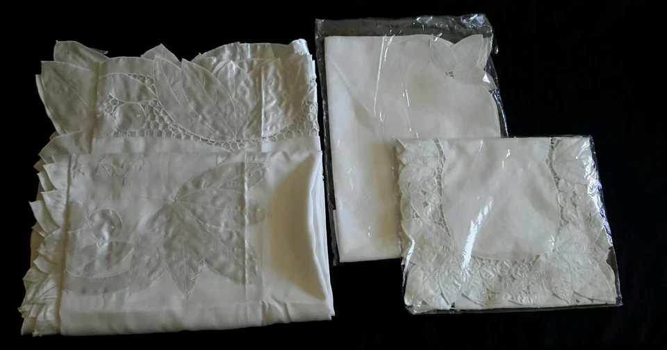 Set White Embroidered 70 x 90" Tablecloth Holly Cloth Napkins & Placemat Set - Image 1 of 4