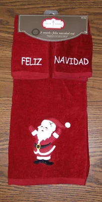 Conjunto de toalhas vermelhas com tema de Natal Trim A Home banho e 2 dedos Feliz Navidad Santa - Imagem 1 de 2