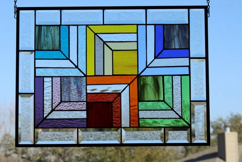 Multi-Color ,Beveled Stained Glass Window Panel 22 1/2"x 16 3/8" Cover