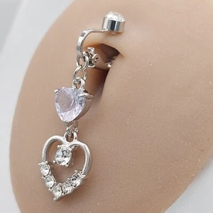 Clip On Belly Bars Heart Button Piercing Bar Dangle Navel Body Gem Ring Silver - Picture 1 of 5
