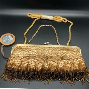 Valerie Stevens kleine Clutch Handtasche Gold Perlen Kette Verschluss Flapper Fransen - Bild 1 von 8