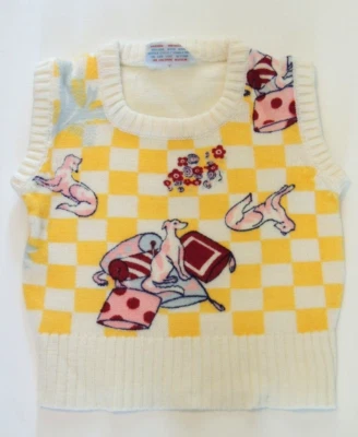 Vintage Kids Sweater Vest Sz L 6X Yellow Check Pink Dog Pillows Flower Small Fry - Image 1 of 4