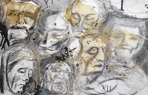 Abstract portrait ink/pencil/collage painting - Picture 1 of 12