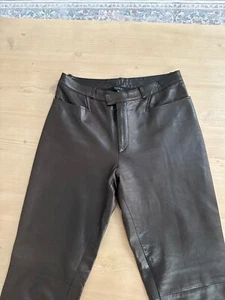 GUCCI Pants Womens Brown Black Leather Straight Moto Raw Hem Lined Made Italy - Picture 1 of 6