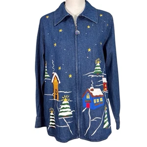 Quacker Factory Holiday Denim Jacket Medium Full Zip Embroidered Embellished NWT - Picture 1 of 13