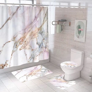 4 Pcs Marble Texture Gold Shower Curtain Sets with Non-Slip Rugs Toilet Lid C... - Picture 1 of 8
