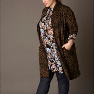 Yesta Womans Leopard Print Knit Jacket Plus Size 16 Longline Open Front Pockets - Picture 1 of 11