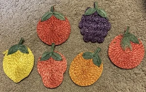 Vintage Straw Rattan Woven Drink Coasters Fruit Shaped Lot of 6 Grapes Apple - Picture 1 of 10