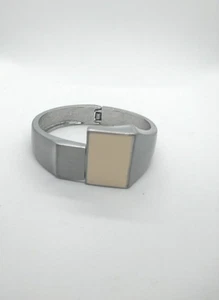 Bangle Enamel Bracelet Cream Silver Tone Cuff Boho Retro Modernist Sustainable - Picture 1 of 23