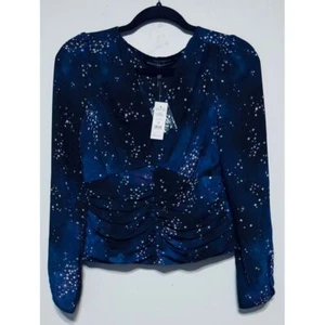 NWT Navy Celestial Blouse Size 00 | Star Print Ruched Top Dark Academia Romantic - Picture 1 of 6