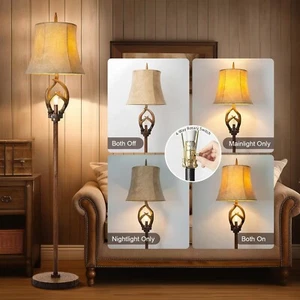 Rustic Farmhouse Antlers Floor Lamp with Night Light Faux Leather Bell Shade... - Picture 1 of 5