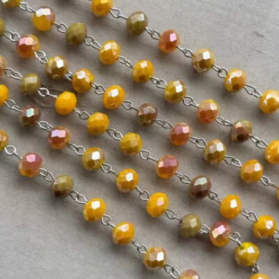 Dandelion Ochre Yellow Crystal Beaded Rosary Silver Eyepin Chain 8mm 2ft Per Pkg - Image 1 of 2