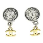 Chanel Medallion Dangle Earrings Gold Silver Clip-On 96P 28765