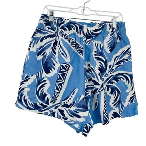 H&M Linen Blend Pull On High Waist Shorts Light Blue Palm Tree Print Size M - Picture 1 of 9
