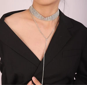 Women's Shiny Bling Full Rhinestone Choker Collar Wedding Party Necklace Chain - Picture 1 of 6