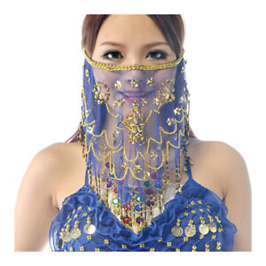 Handmade Belly Dance Face Veil Tassel Scarf Fancy Gold Beads Dance Costume