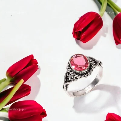 Pink Tourmaline Gemstone 925 Sterling Silver Handmade Jewelry Ring All Size - Image 1 of 4
