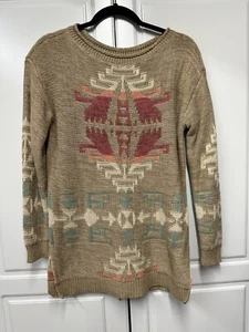 Lauren Ralph Lauren Cotton Linen Blend Sweater Southwestern Aztec Tan Medium - Picture 1 of 12