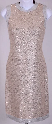 ST.JOHN Women's Metallic Gold Silver Trim Sequins Throughout Shimmer Dress Sz 4 - Image 1 of 4