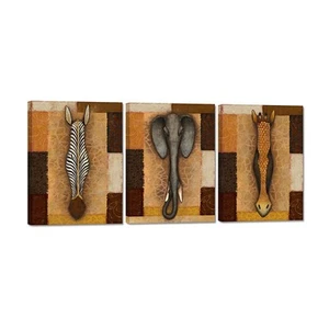 3 Pieces Retro African Animal Canvas Wall Art Elephant Zebra Giraffe Wildlife - Picture 1 of 6