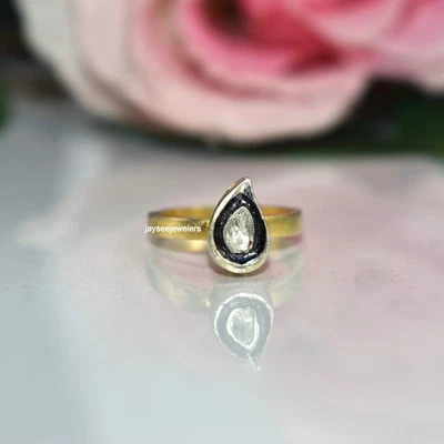 Polki Diamond Fine Elegant Unique Pear Shape Ring Jewelry 925 Sterling Silver - Image 1 of 4