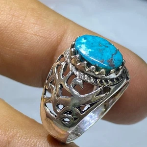 BELLISSIMO anello da uomo in argento sterling 925 turchese blu naturale pietra preziosa فيروز - Foto 1 di 10