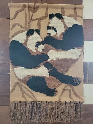 Vintage Panda Bear Tapestry Tom Taylor Woven 1990 Boho Decor Wall Hanging Large - Image 1 of 4