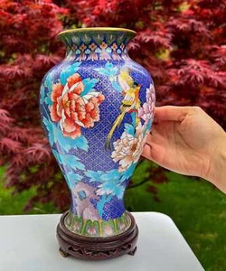 Vintage Chinese Tall Cloisonné Vase On Wooden Stand - Flowers Birds Butterflies - Picture 1 of 10