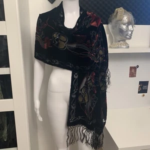 Vintage Silk Burnout Black Velvet Red Floral Scarf Shawl Wrap Fringe - Picture 1 of 10