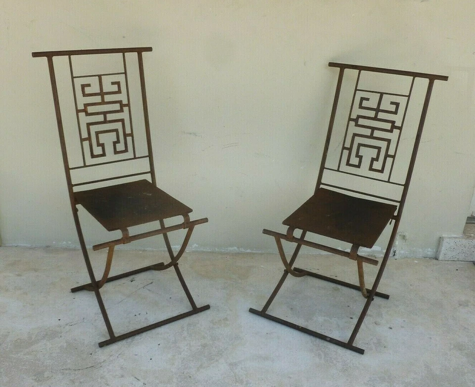 UNUSUAL VINTAGE CHINOISERIE MING STYLE FOLDING IRON CAMPAIGN CHAIRS W TALL BACKS - Image 1 of 1