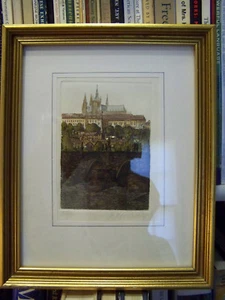 SUPERB COLLECTIBLE PRINT FRAMED CHARLES BRIDGE PRAGUE ENGRAVING – ARTIST SIGNED - Picture 1 of 4
