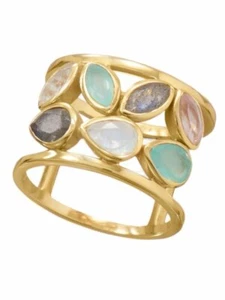 Anillo de cuarzo rosa genuino, piedra lunar arco iris, labradorita, calcedonia chapado en oro - Imagen 1 de 1