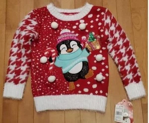 Girls 33 Degrees Merry & Bright PENGUIN Christmas Ugly? Sweater Size XS 4/5 NWT - Picture 1 of 1
