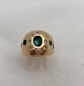 14kt Yellow Gold Round Oval Emeralds and Clear Yellow Diamonds Ring Size 6 1/2 - Picture 1 of 10