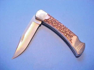 RARE CUSTOM BUCK 110 KNIFE NICKEL SILVER POPCORN ELK STAG HANDLE BOX SHEATH CARD - Picture 1 of 17