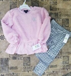 Calvin Klein Girls 2 Piece Set Ruffled Sweatshirt w/ Silver Leggings MSRP $55