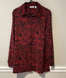 Susan Graver L Red Black Zebra Print Button Up Blouse Shirt - Picture 1 of 9