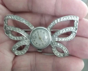 Vintage Ladies Zinn Swiss Watch Pin Rhinestone Bow Working  - Picture 1 of 9