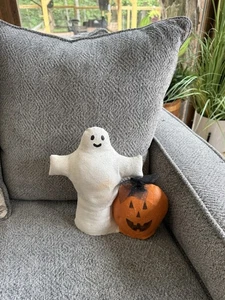 Arte popular de Halloween de fantasma y calabaza de lienzo agrietado firmado por Natalie Silitch RARO - Imagen 1 de 12