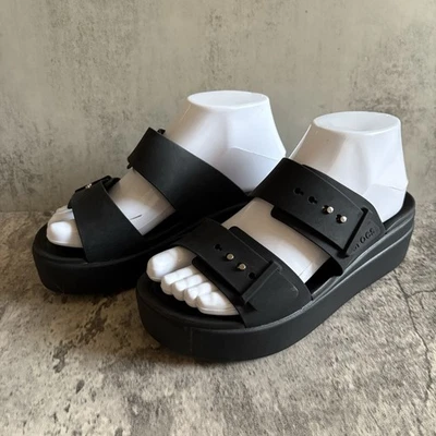 Literide Crocs Brooklyn Buckle Platform Slide Black Wedge Sandle Size 8 - Image 1 of 4