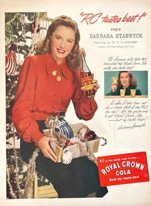 Pubblicità Stampa Vintage Natale 1947 RC Cola Barbara Stanwyck Royal Crown Soda - Foto 1 di 1