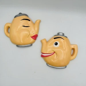 Chalkware Anthropomorphic Mr Mrs Teapot Kettle Kitchen Retro Style Wall Plaque - Picture 1 of 3