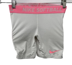 Nike Girls' Dri-FIT Softball Slider Shorts Size Medium White Pink Sports Swoosh - Picture 1 of 9