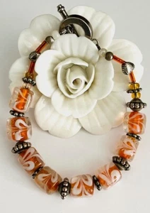 Vintage BOHO Chic Bracelet Chunky Amber Color Beaded, Artisan Made, Toggle, 7.5" - Picture 1 of 7