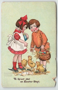 Postcard Easter Raphael Tuck No. 130 Girl and Boy Feeding Chics Gassaway Artist - Picture 1 of 2