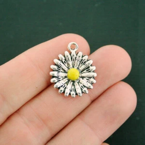 2 Daisy Flower Charms Antique Silver Tone and Yellow Enamel - SC7611 - Picture 1 of 2