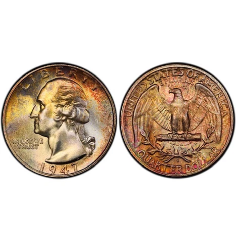 MS66 1947-S Washington Silver Quarter, PCGS Secure- Pretty Toned, Bright Luster Cover