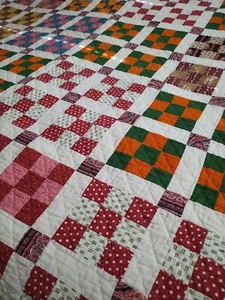 NICE! Vintage Nine Patch Quilt Hand Sewn Quilted Early Calicos 84x71 - Picture 1 of 17