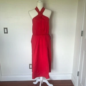 Maggy London Halter Neck O-Ring Poplin Midi Dress-Tomato Puree Size 14 NWT - Picture 1 of 8