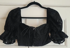 More To Come Black Lace Corsette Crop Top Puff Sleeves Sz XS Zip Back Tie Front - Picture 1 of 6
